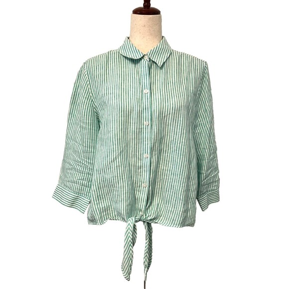 Chico's 100% Linen Shirt Blouse Women's Sz 2 Knot Tie Button Green White Stripe - Picture 1 of 9